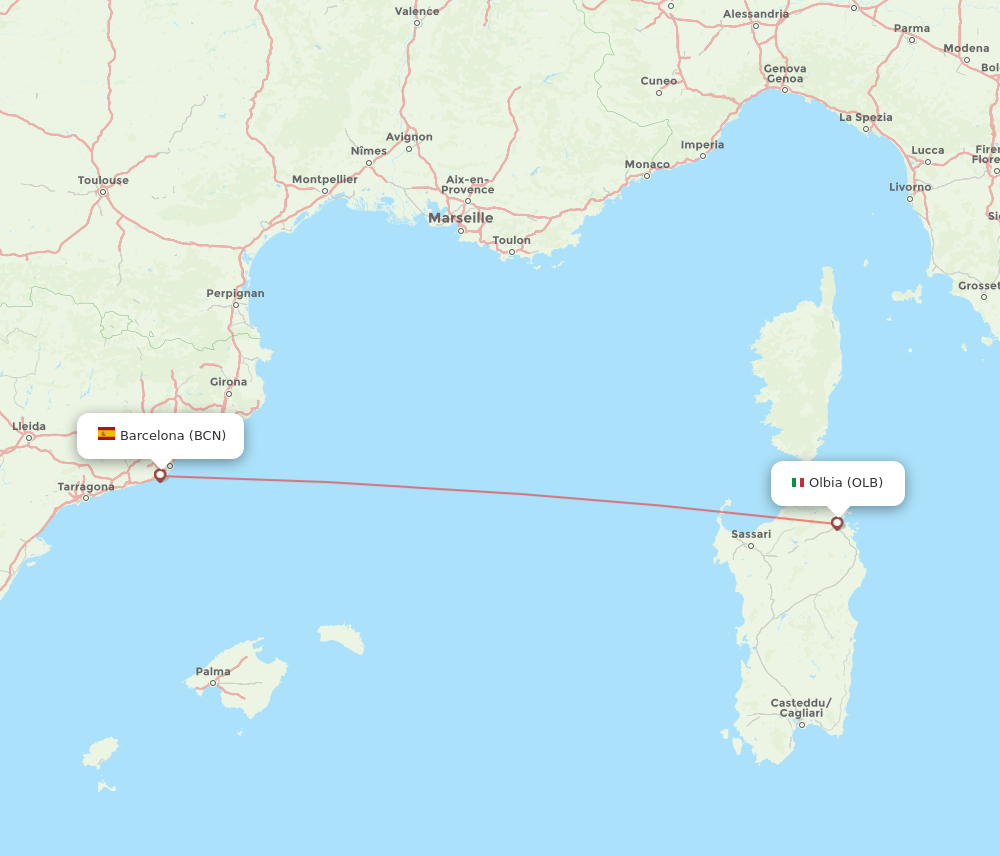 Barcelona - Olbia route map and flight paths