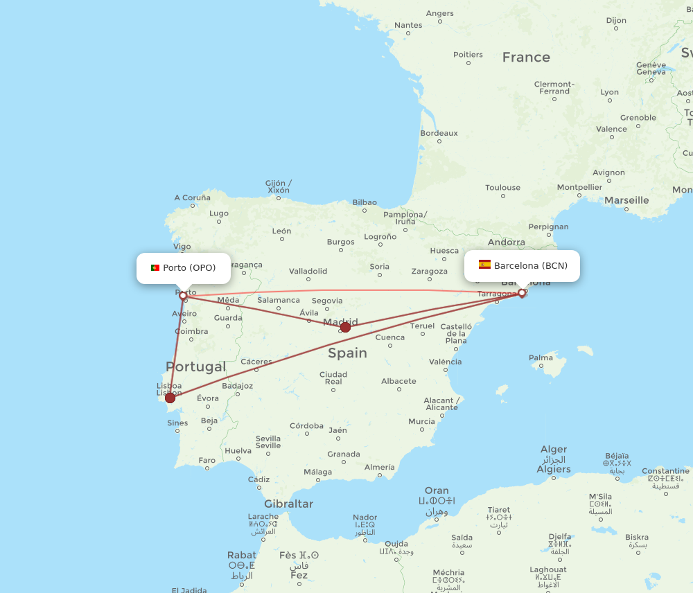 BCN to OPO flights and routes map