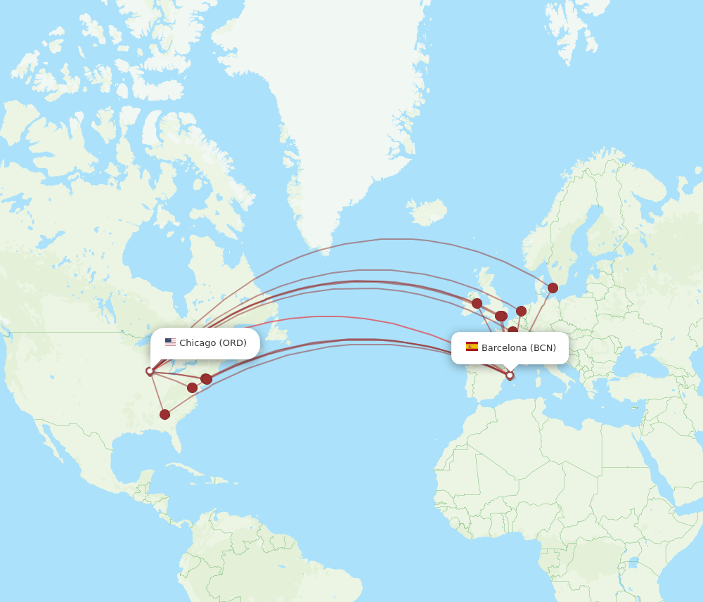 BCN to ORD flights and routes map