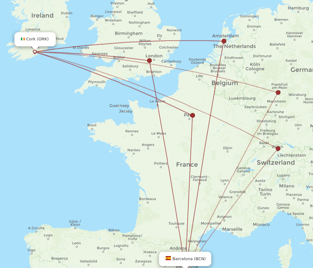 BCN to ORK flights and routes map