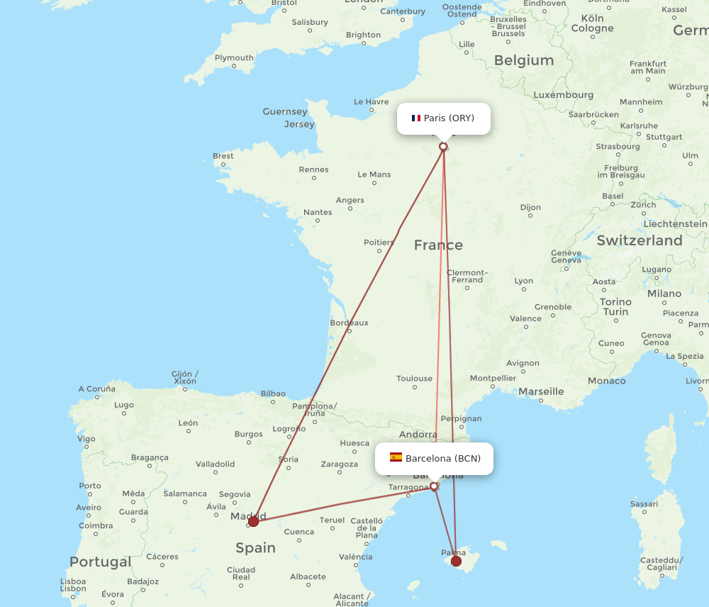 BCN to ORY flights and routes map
