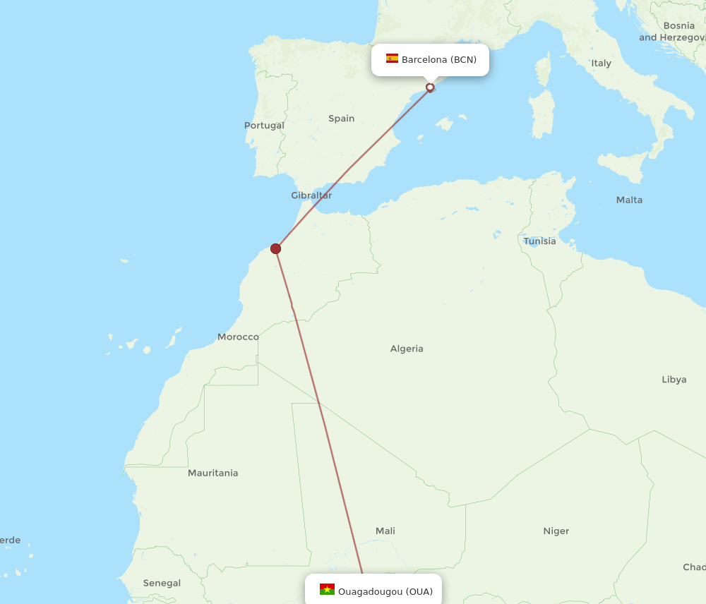 BCN to OUA flights and routes map