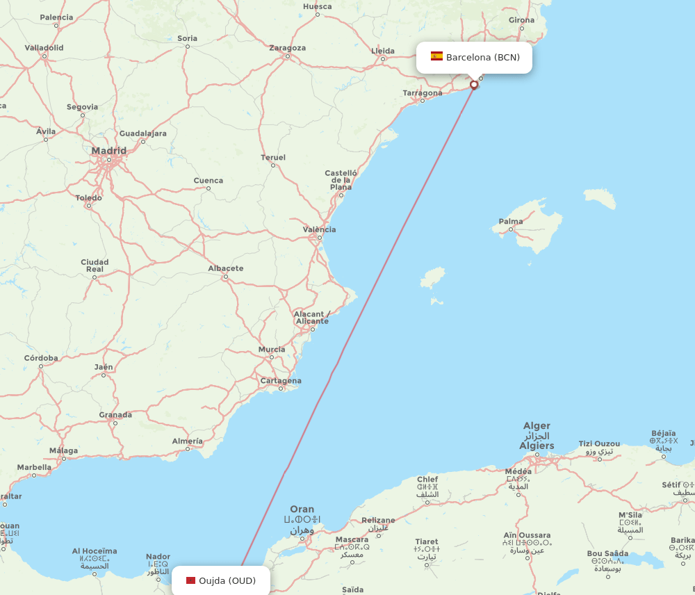 Barcelona - Oujda route map and flight paths