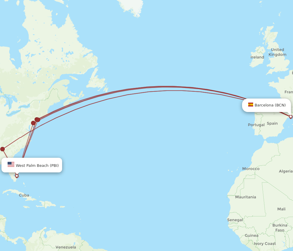 BCN to PBI flights and routes map