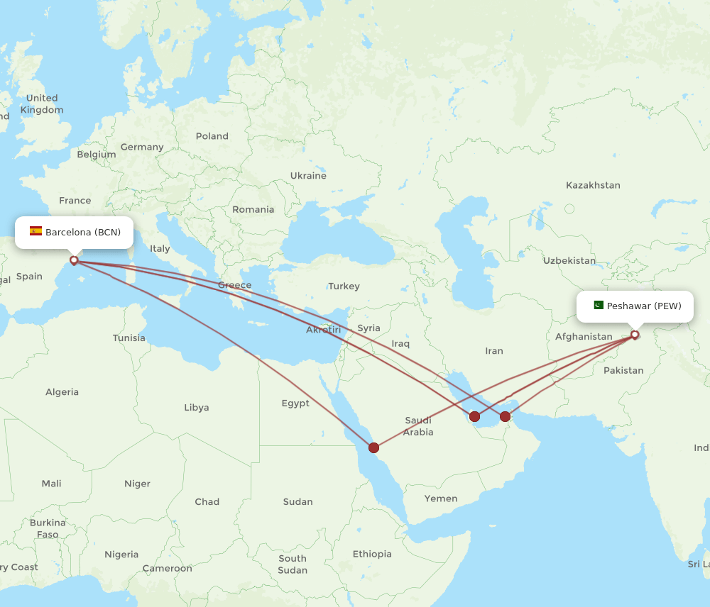BCN-PEW flight routes