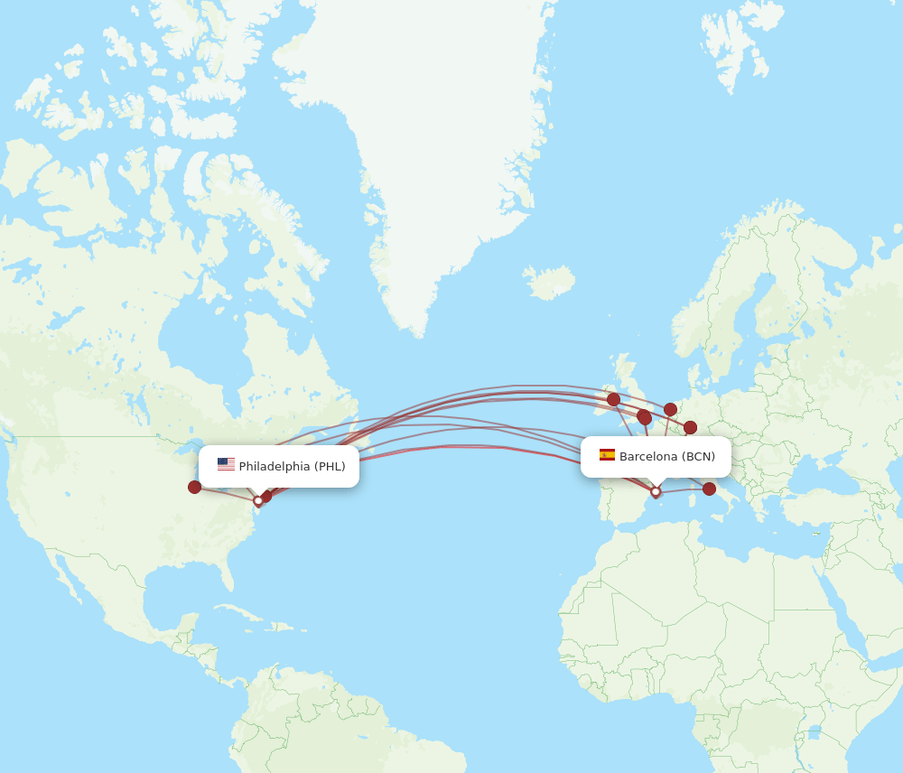BCN to PHL flights and routes map
