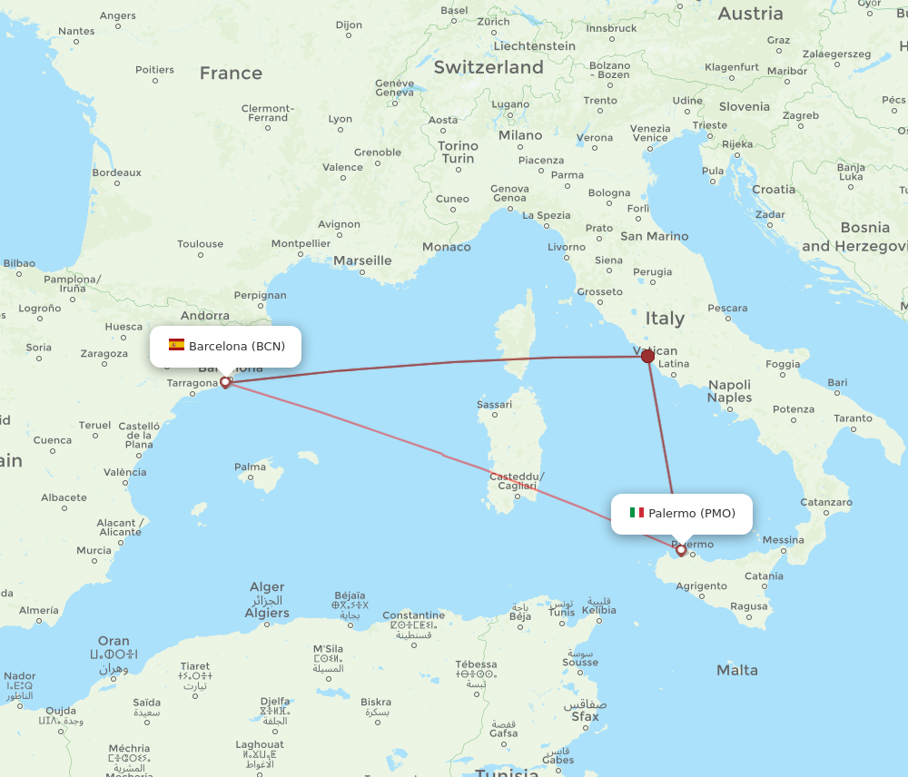 BCN to PMO flights and routes map