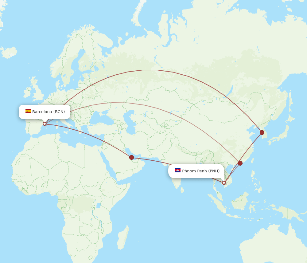 BCN to PNH flights and routes map