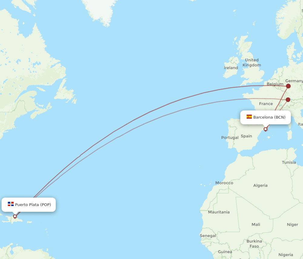 BCN to POP flights and routes map
