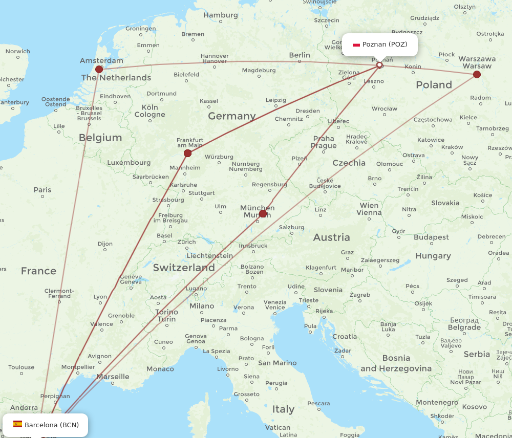BCN to POZ flights and routes map