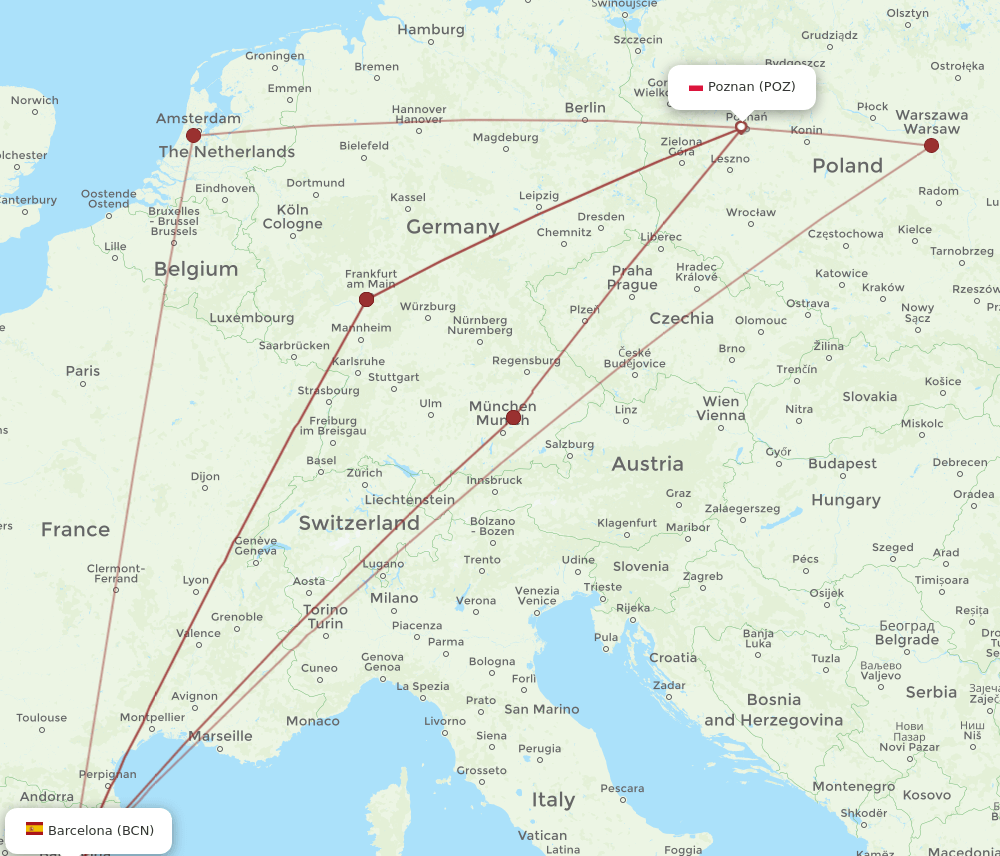 BCN-POZ flight routes
