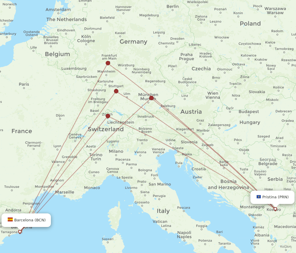 BCN-PRN flight routes