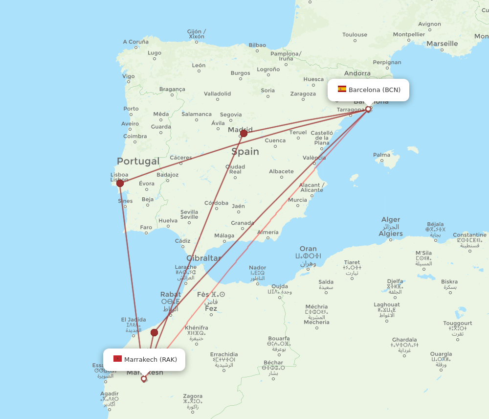 BCN to RAK flights and routes map