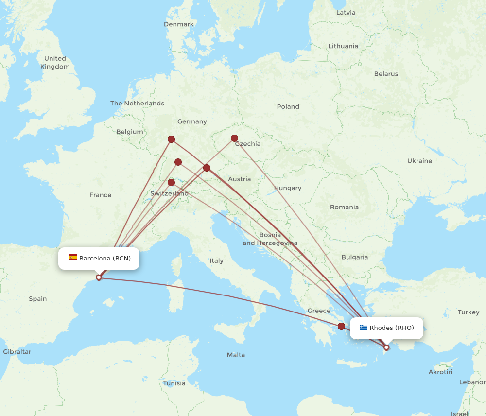 BCN to RHO flights and routes map