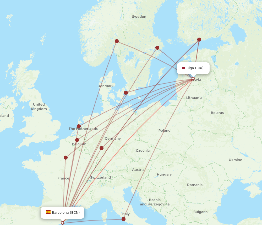 BCN to RIX flights and routes map