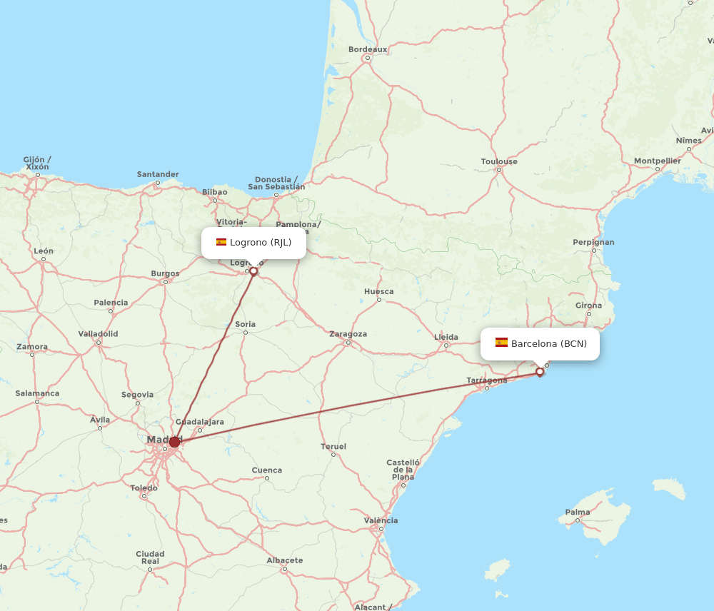 BCN to RJL flights and routes map