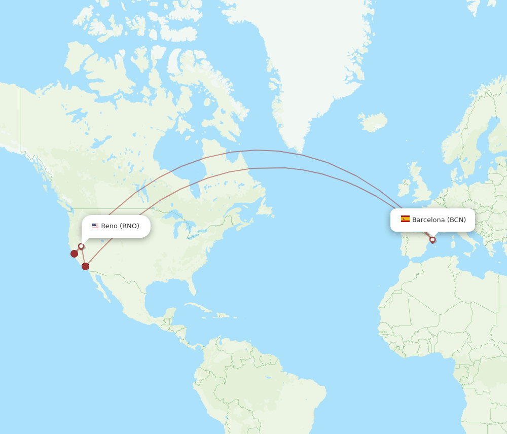 BCN to RNO flights and routes map