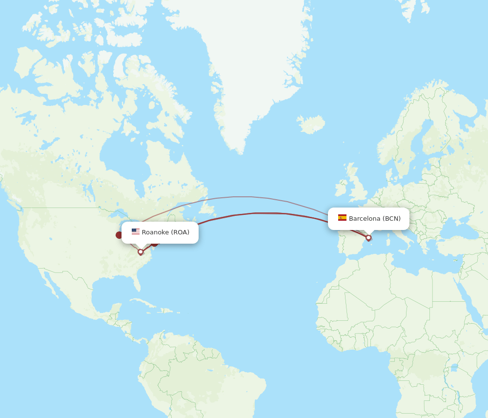 BCN to ROA flights and routes map