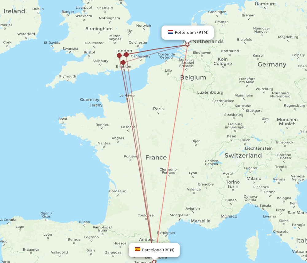 BCN to RTM flights and routes map
