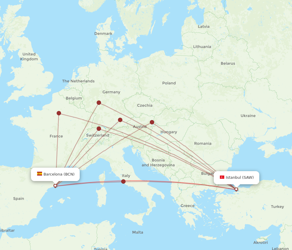 BCN to SAW flights and routes map