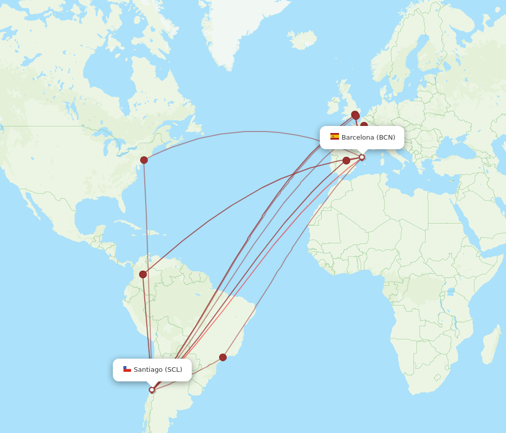 BCN to SCL flights and routes map