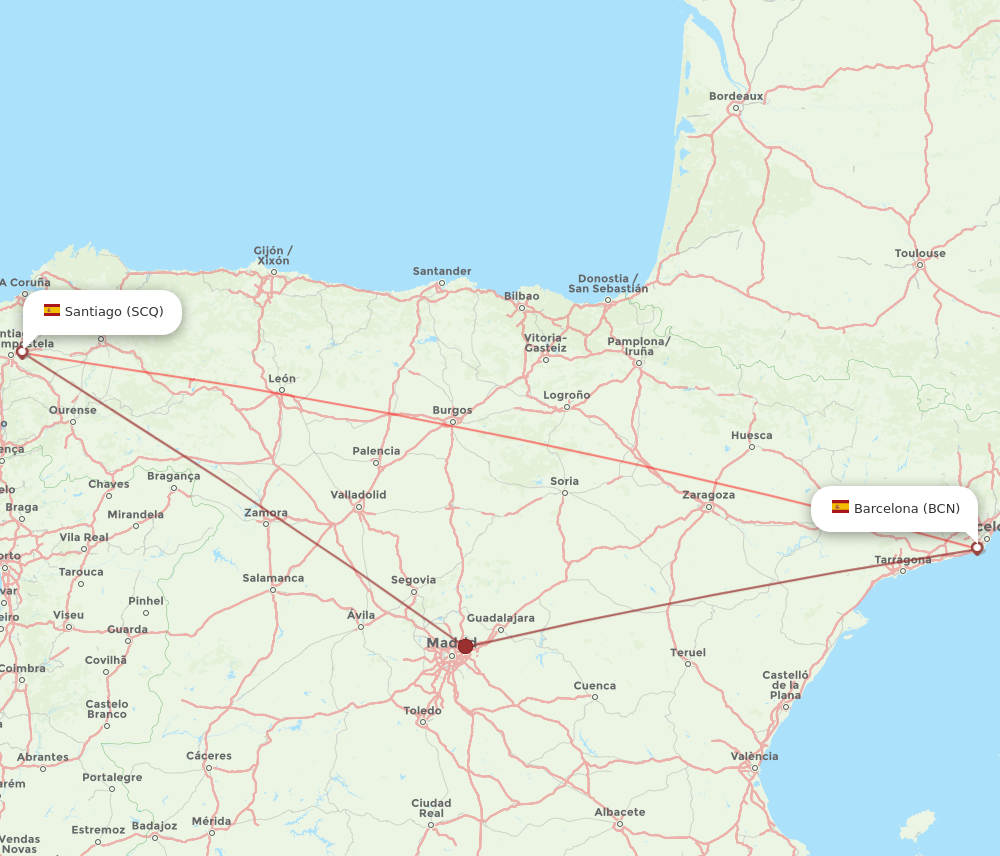 BCN to SCQ flights and routes map
