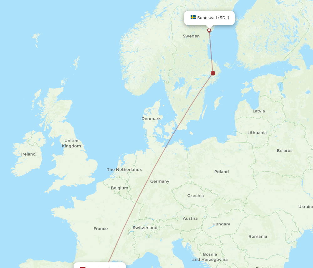 Barcelona - Sundsvall route map and flight paths