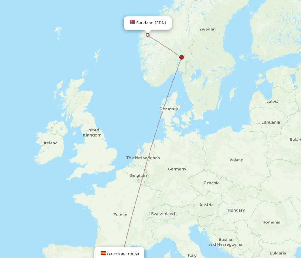BCN to SDN flights and routes map