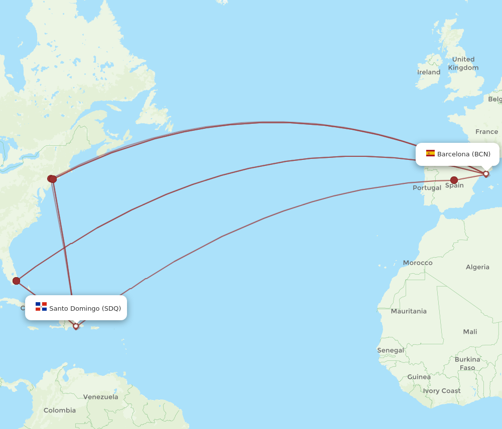 BCN to SDQ flights and routes map