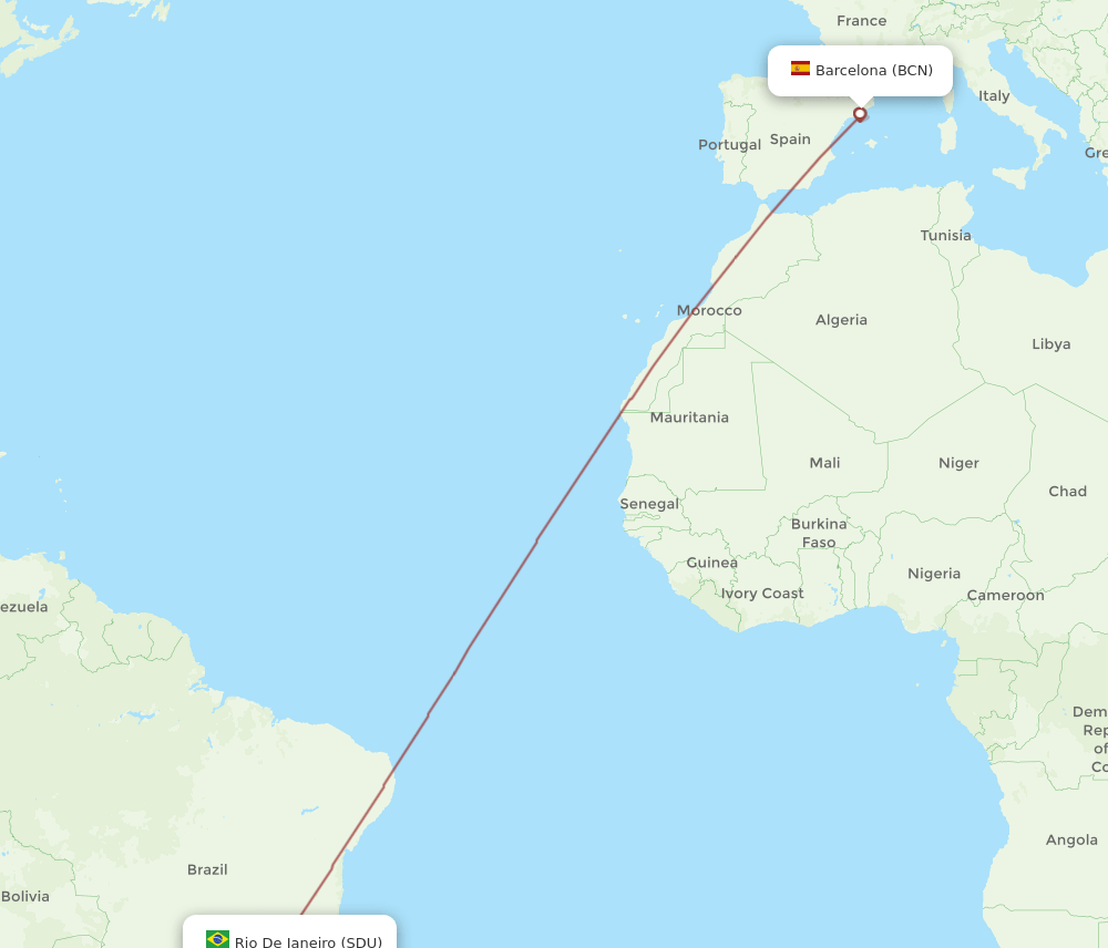 Barcelona - Rio De Janeiro route map and flight paths