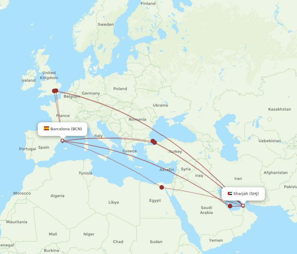 BCN to SHJ flights and routes map