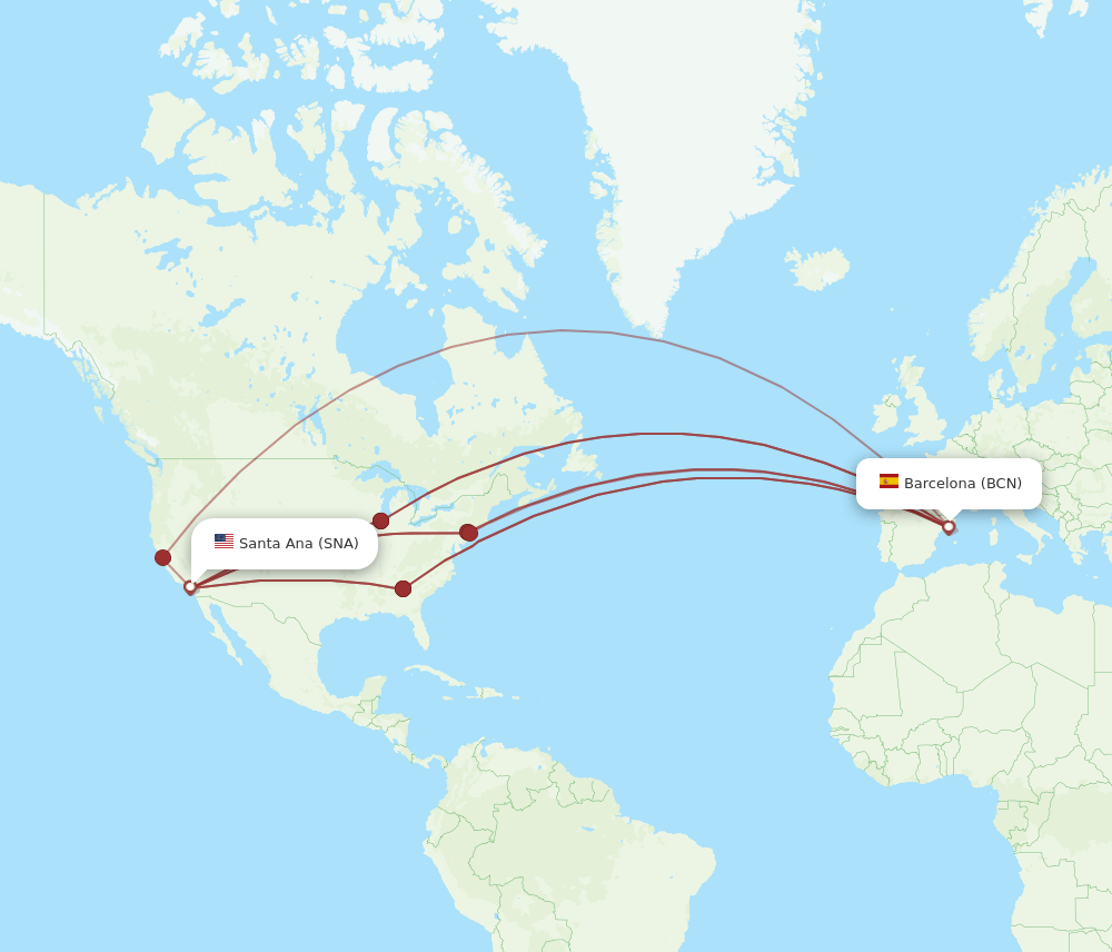 BCN to SNA flights and routes map