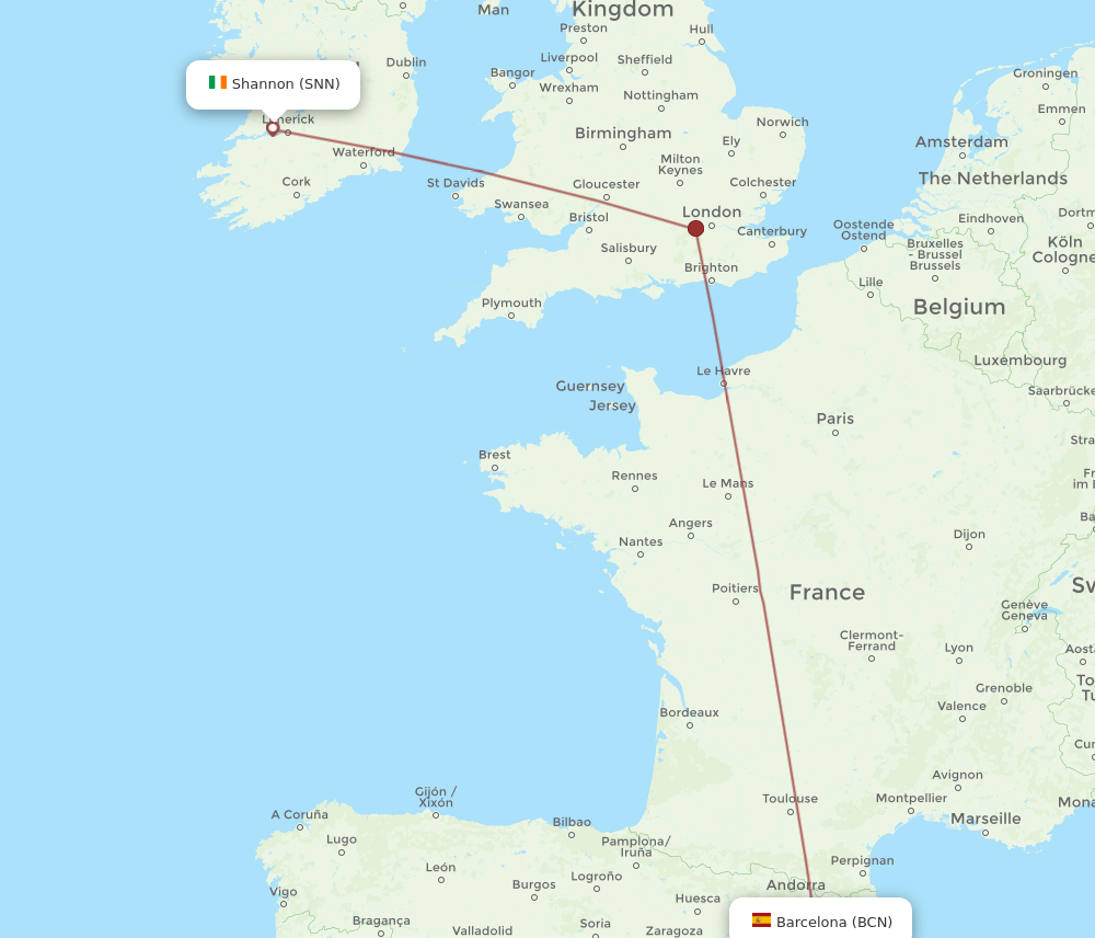 BCN to SNN flights and routes map