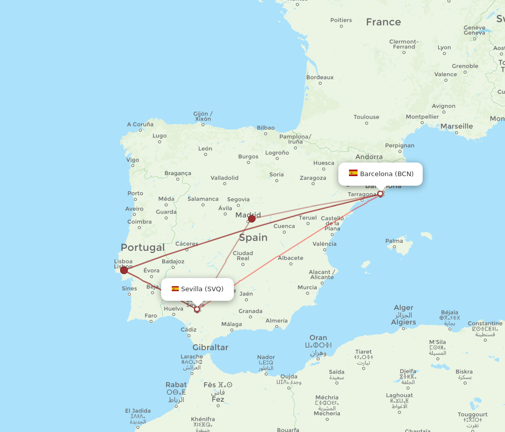 BCN to SVQ flights and routes map