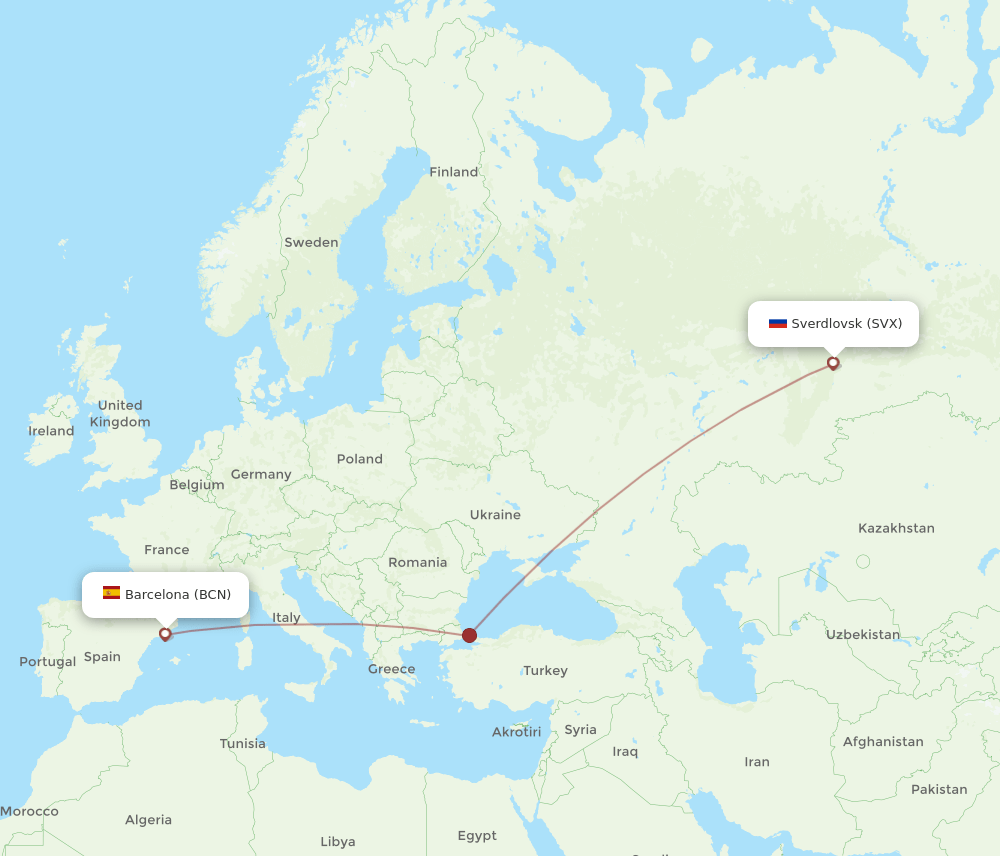 BCN to SVX flights and routes map