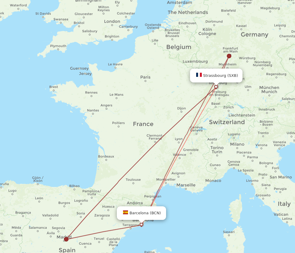 BCN to SXB flights and routes map