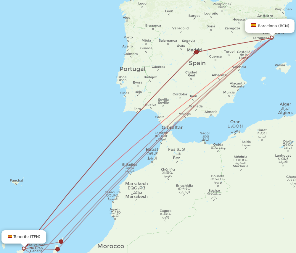 BCN to TFN flights and routes map