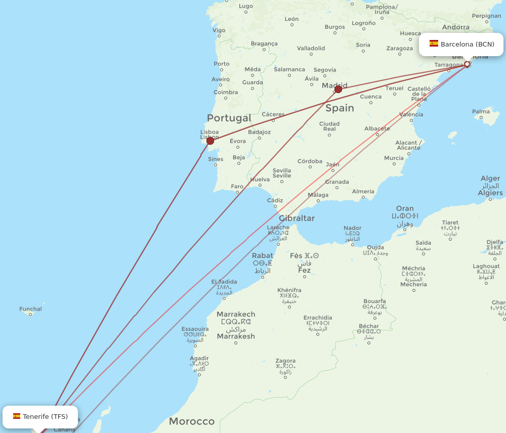 BCN to TFS flights and routes map
