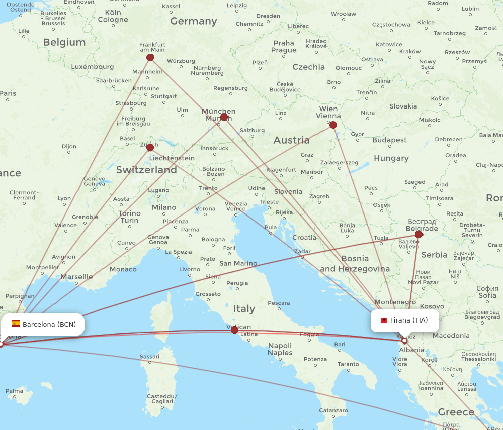 BCN to TIA flights and routes map