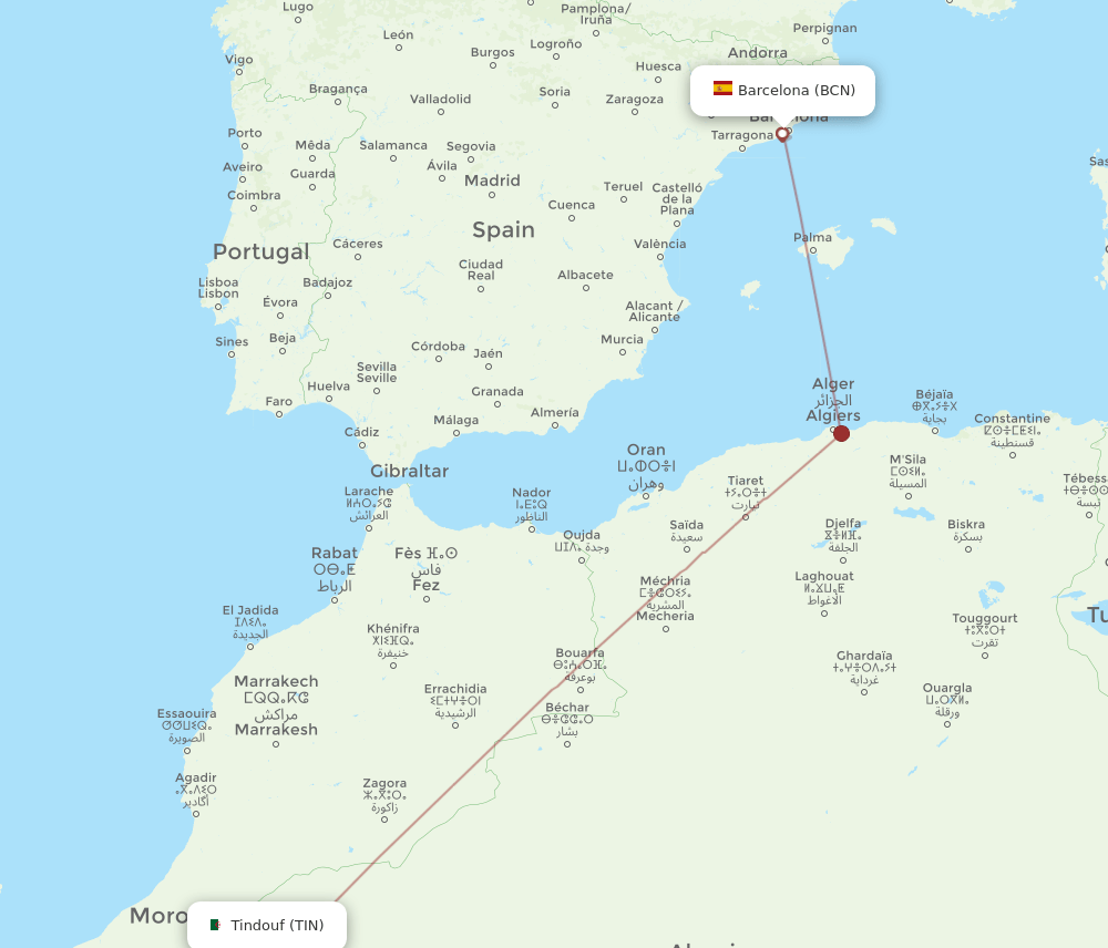 BCN to TIN flights and routes map