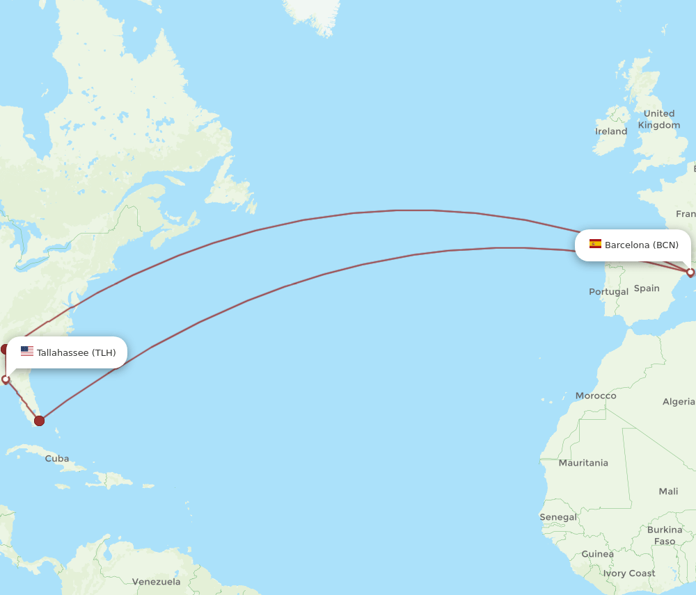 BCN to TLH flights and routes map