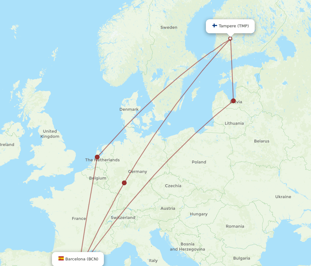 Barcelona - Tampere route map and flight paths