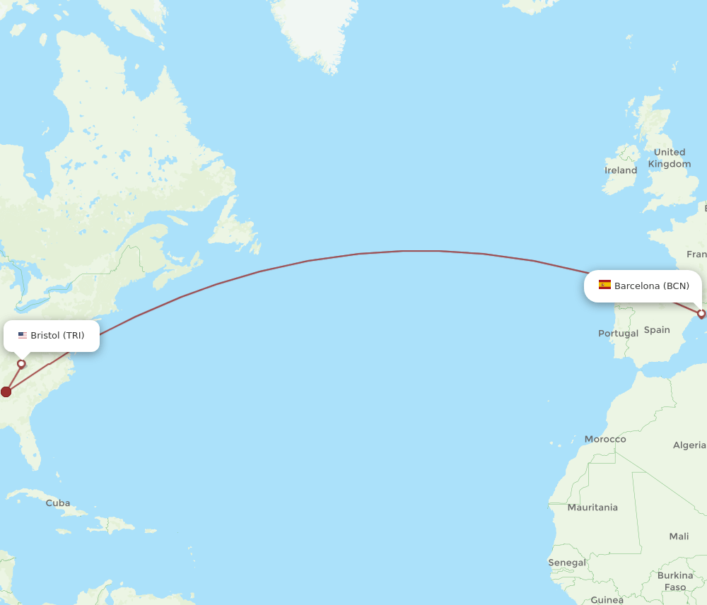 BCN to TRI flights and routes map