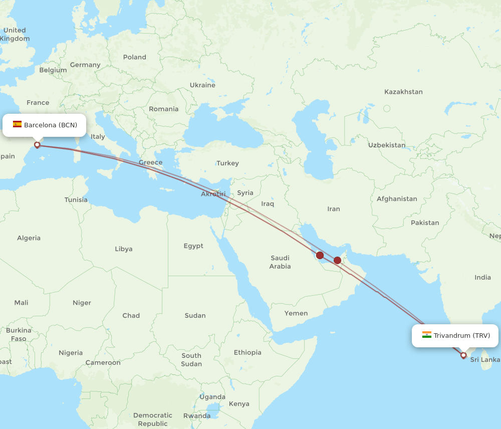 BCN-TRV flight routes