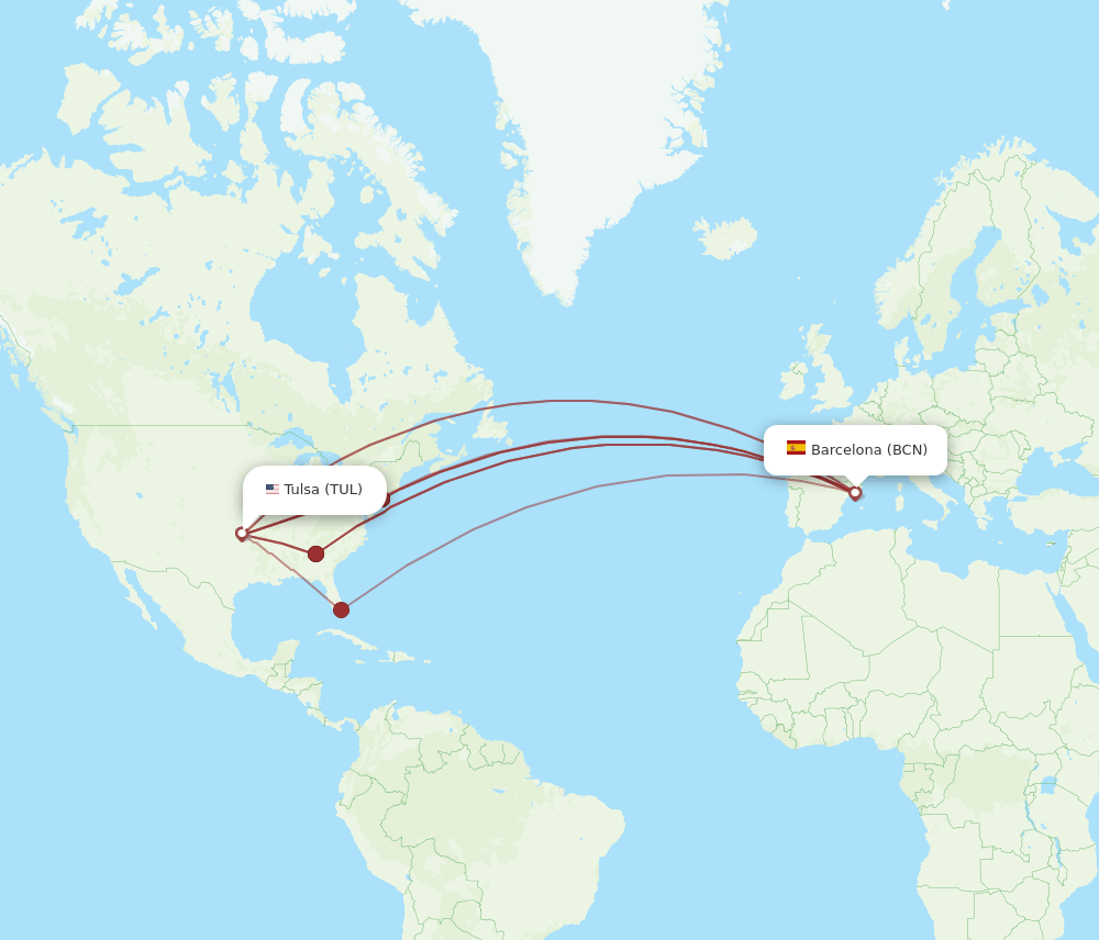 BCN to TUL flights and routes map