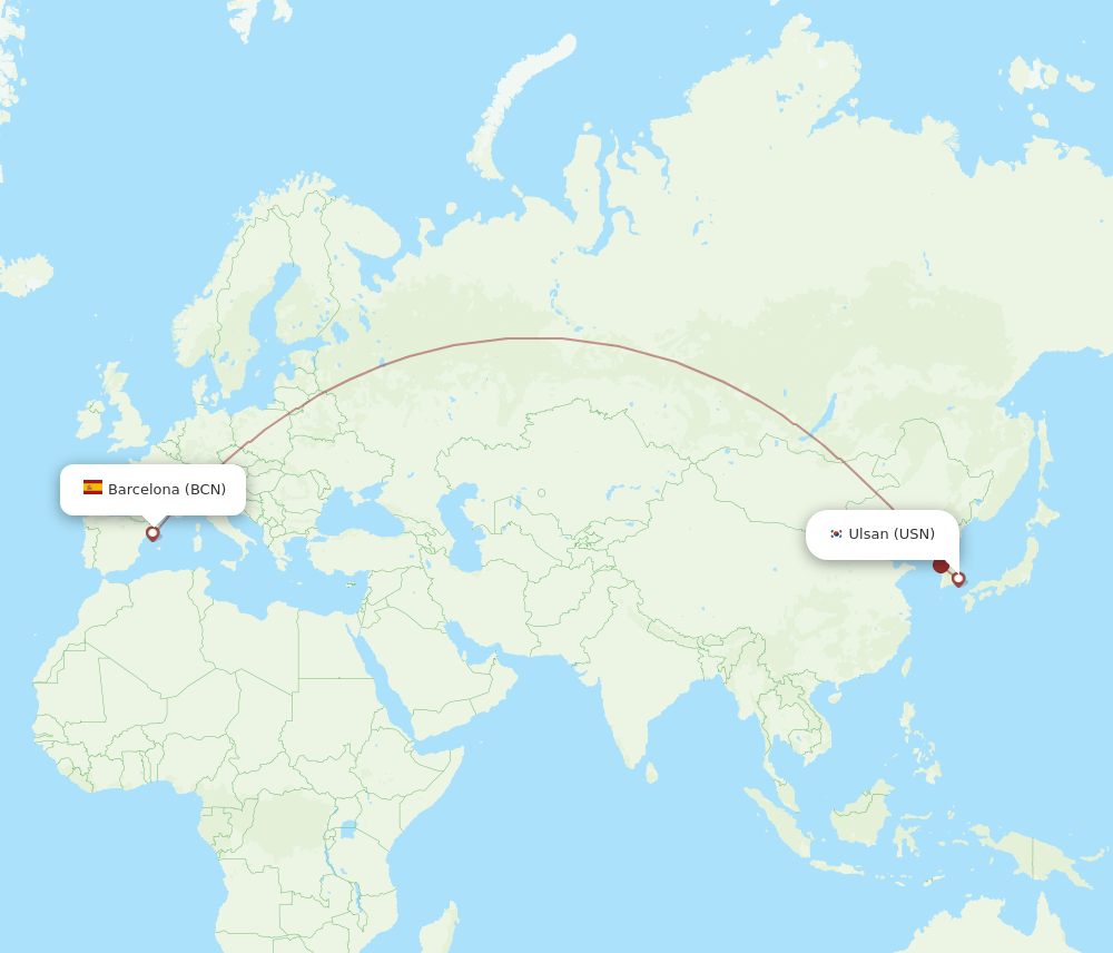 Barcelona - Ulsan route map and flight paths