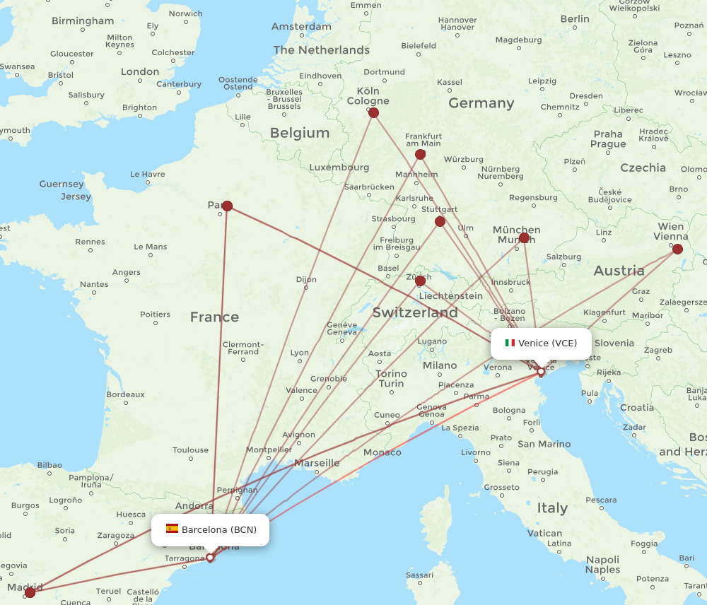 BCN to VCE flights and routes map