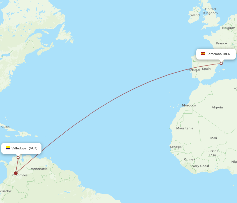BCN to VUP flights and routes map