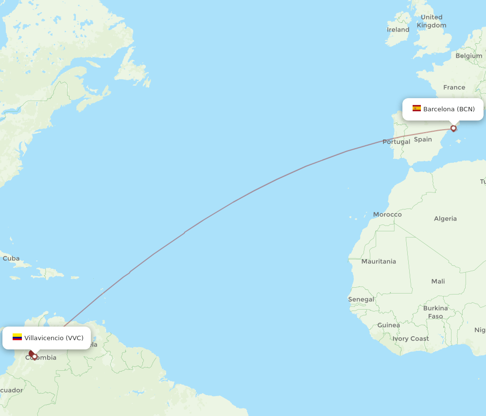 Villavicencio - Barcelona route map and flight paths