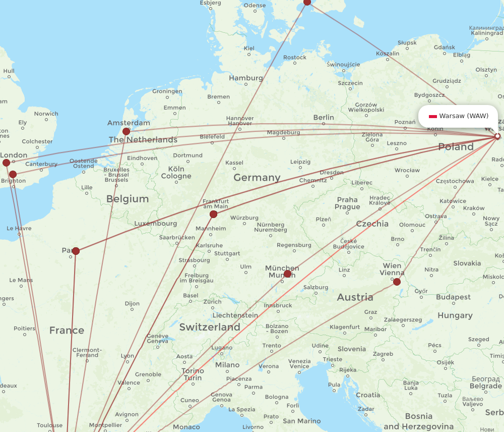 BCN to WAW flights and routes map